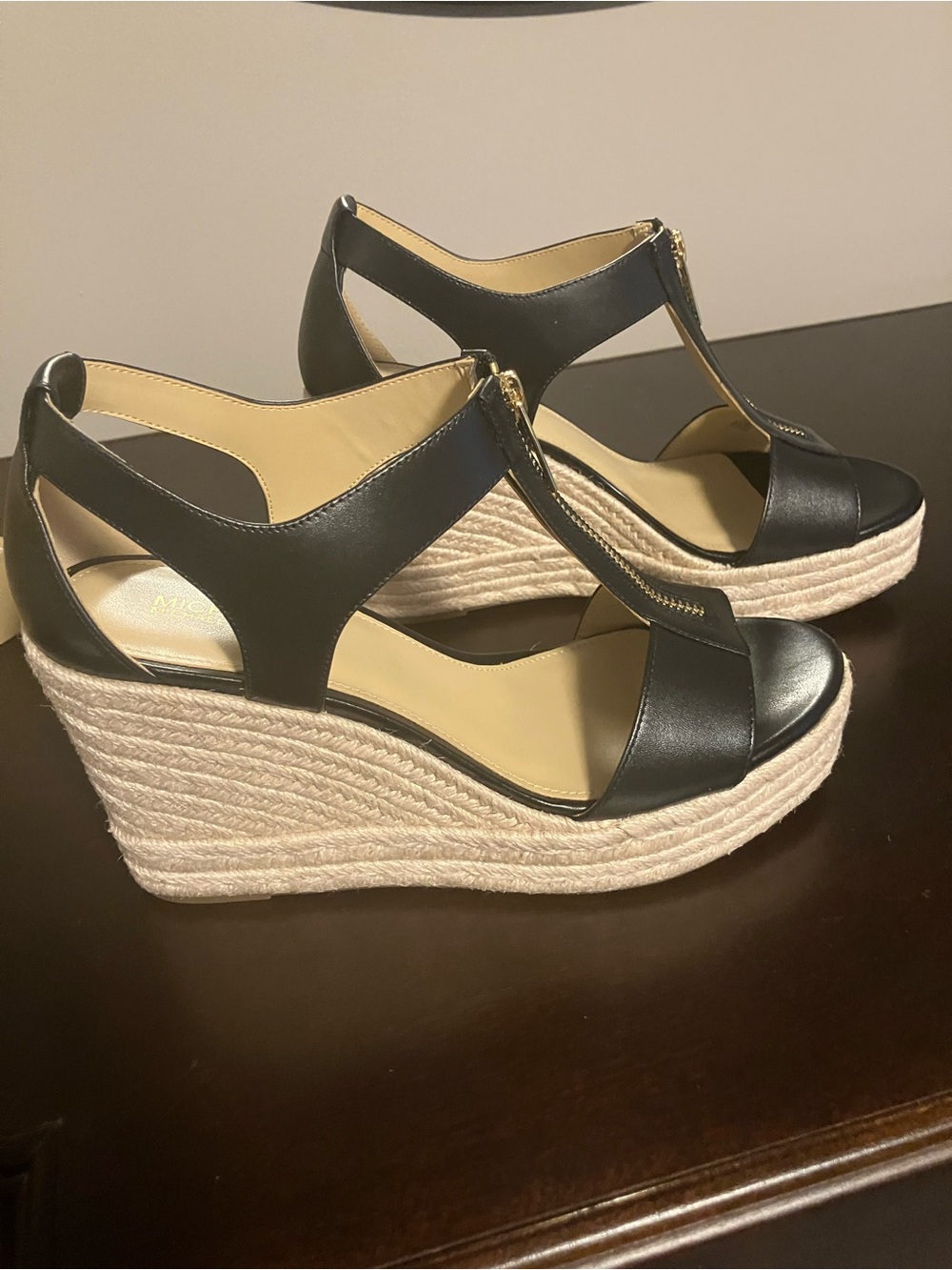 Michael Kors Berkley Black Leather T-Strap Espadrille Wedges